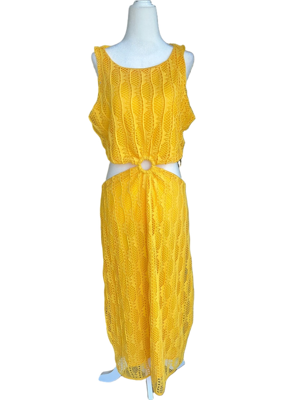 Eloquii Bright Yellow Crochet Ring-Front Maxi Dress